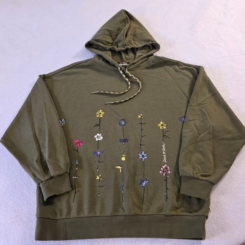 Scotch & Soda In Bloom Floral Embroidered Hoodie Olive Green Organic Cotton XL
